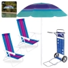 Kit Carrinho de Praia com Avan�o + Guarda Sol Fps 70 1,50 M + 2 Cadeiras Reclin�vel A�o 4 Posi��es