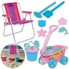 Kit Cadeira de Praia Infantil Rosa + Baldinho, Pazinha, Rastelo Brinquedo de Areia