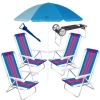 Kit Praia Colorido 4 Cadeiras + Carrinho com Avanço+ Saca Areia + Guarda Sol