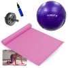 Kit Bola 55 Cm Roxa Yoga e Pilates + Colchonete Eva Rosa + Roda Abdominal + Mini Bomba