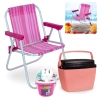 Kit Cadeira de Praia Infantil Rosa + Baldinho de Praia com 8 Peas Rosa + Caixa Termica 6 Litros Rosa