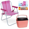 Kit Cadeira de Praia Infantil Rosa Bel + Caixa Termica Rosa Pequena 6 L para Passeios Parque