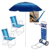 Kit 2 Cadeiras de Praia Alta Alumnio + Carrinho com Avano + Guarda Sol 1,50 M + Saca Areia Pesca