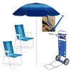 Kit 2 Cadeiras de Praia em Ao + Carrinho com Avano + Guarda Sol Fashion 1,50 M + Saca Areia Parque