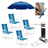 Kit 4 Cadeiras de Praia em A�o + Carrinho com Avan�o + Guarda Sol Fashion 1,50 M + Saca Areia Parque