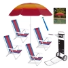 Kit 4 Cadeiras Praia 4 Posi� Alum�nio + Carrinho com Avan�o + Guarda Sol 1,50 M + Saca Areia Pesca