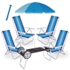 Kit 4 Cadeiras de Praia 4 Posiç Aluminio + Carrinho com Avanço + Guarda Sol 1,50 M + Saca Areia