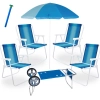 Kit 4 Cadeiras de Praia em Aço + Carrinho com Avanço Azul + Guarda Sol 1,50 M + Saca Areia