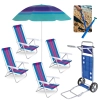 Kit 4 Cadeiras Praia Alum�nio + Carrinho com Avan�o + Guarda Sol 1,50 M + Saca Areia Parque Piscina