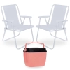 Kit 2 Cadeiras de Praia Branca Dobraveis Suporta 110 Kg + Caixa Termica Rosa 18 Litros Mor