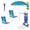 Kit 2 Cadeiras de Praia A�o + Guarda Sol 1,60m Colorido + Carrinho com Avan�o + Saca Areia Azul