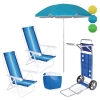Kit 2 Cadeiras de Praia 4 Pos� A�o + Carrinho Avan�o + Guarda Sol Colorido 1,60m + Caixa Termica 18l Azul