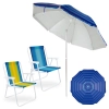 Kit 2 Cadeiras de Praia Alta em A�o Coloridas + Guarda Sol 2,40 M Listrado Articulado Fps 100