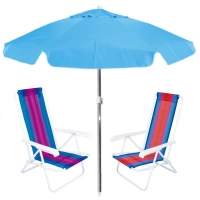 Kit 2 Unidades Cadeira de Praia 4 Posies + Guarda-sol 1,60 M Azul Claro