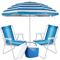 Kit Praia Guarda Sol Azul Listrado + 2 Cadeiras de Praia + Caixa Trmica 18 L