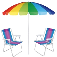 Kit Praia Guarda Sol Colorido Articulado + 2 Cadeiras de Praia