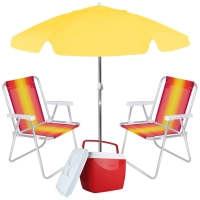 Kit Praia Guarda Sol Amarelo 1,60 M + 2 Cadeiras de Praia + Caixa Trmica