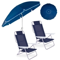 Kit 2 Cadeiras de Praia Reclinveis Azul + Guarda Sol Articulado 2,50 M com Manivela Piscina