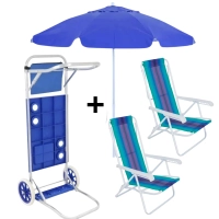 Kit com Carrinho de Praia + 2 Cadeiras Cores Sortidas + Guarda Sol 2m