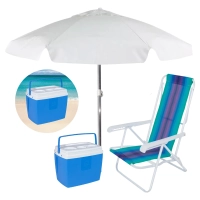 Kit Praia com Guarda Sol 1,60 M Branco + Cooler 19 L + Cadeira Colorida