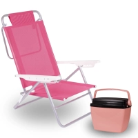 Kit Caixa Termica Rosa Pssego Cooler 6 L / 8 Latas + Cadeira de Praia 6 Posies Rosa