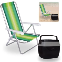 Kit Caixa Termica Preta Cooler 12 L com Ala + Cadeira de Praia 4 Posies Camping