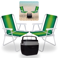 Kit Caixa Termica Preta Cooler 12 L com Ala + Duas Cadeiras de Praia Aluminio
