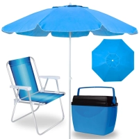 Kit Guarda Sol Azul Bahia 2 M Bagum + Cadeira de Praia Aluminio + Cooler 34 Litros