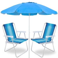 Kit Guarda Sol Azul Bahia 2 M Bagum e Aluminio + 2 Cadeiras de Praia Coloridas em Aluminio