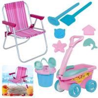 Kit Cadeira de Praia Infantil Rosa + Baldinho, Pazinha, Rastelo Brinquedos de Areia