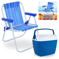 Kit Cadeira de Praia Infantil Azul Bel + Caixa Termica Azul Pequena 6 L para Passeios Parque