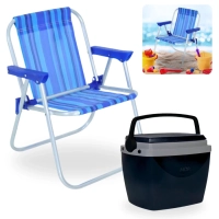 Kit Cadeira de Praia Infantil Azul Bel + Caixa Termica Preta Pequena 6 L para Passeios Parque