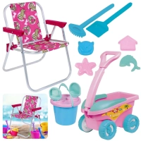 Kit Cadeira de Praia Infantil Rosa Barbie + Baldinho, Pazinha, Rastelo Brinquedos de Areia