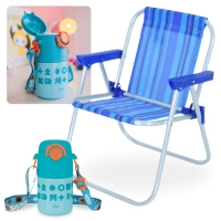 Kit Cadeira de Praia Infantil Azul Bel + Garrafa de gua Trmica 500ml Azul Ao Inox e Ala