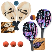 Kit 2 Raquetes para Beach Tennis Lilas + Jogo Frescobol em Madeira + 5 Bolinhas
