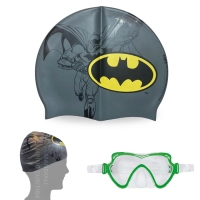 Kit Touca Infantil + Oculos de Natao com Proteo Nasal Personagem Batman Liga da Justia Praia