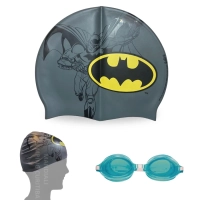 Kit Touca Infantil + Oculos de Natao Verde Personagem Batman Liga da Justia para Praia
