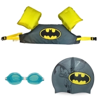 Kit Colete Infantil + Touca e culos de Natao Verde Personagem Batman Liga da Justia Praia
