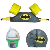 Kit Colete Infantil + Touca de Natao Personagem Batman + Baldinho para Praia Colorido