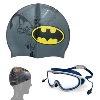 Kit Touca Infantil Personagem Batman + Oculos de Natao com Protetor de Ouvido para Praia