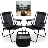 Kit 2 Cadeiras de Praia Pretas + Caixa Termica 18 Litros Preta para Casa, Jardim e Parque