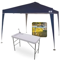 Kit Pia Lavatorio Porttil Mesa Dobravel Sink + Tenda Articulada 3x3m Gazebo X-flex Azul