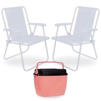 Kit 2 Cadeiras de Praia Branca Dobraveis Suporta 110 Kg + Caixa Termica Rosa 18 Litros Mor