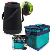 Kit Garrafa Termica 2,5 Lts com Bico Flip Camp Preta + Bolsa Termica Aruba 13,5 Lts Colorida com Ala