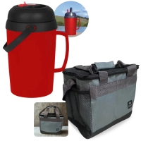 Kit Garrafa Termica 2,5 Lts com Bico Flip Vermelho + Bolsa Termica Aruba 13,5 Lts Colorida com Ala
