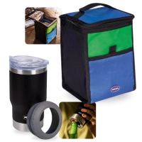 Kit Copo Trmico 5 em 1 Preto 420 Ml com Abridor + Bolsa Termica 5l Compacta Camping Pesca e Passeios