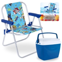 Kit Cadeira de Praia Infantil Azul Patrulha Canina + Caixa Termica Azul Pequena 6 L para Passeios Parque