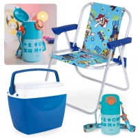 Kit Cadeira de Praia Infantil Azul Patrulha Canina + Caixa T�rmica 6 Litros + Garrafinha T�rmica 500ml