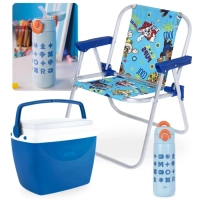 Kit Cadeira de Praia Infantil Azul Patrulha Canina + Cooler 6 Lts Azul + Garrafa T�rmica 480ml em Inox