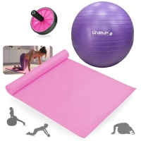 Kit Bola Premium Yoga Roxa 55 Cm + Colchonete 1,73 M + Rodinha Abdominal Rosa + Bomba Inflar Treino
